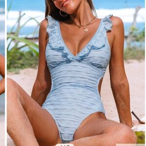 Light Blue Ruffled Plunging One-Piece